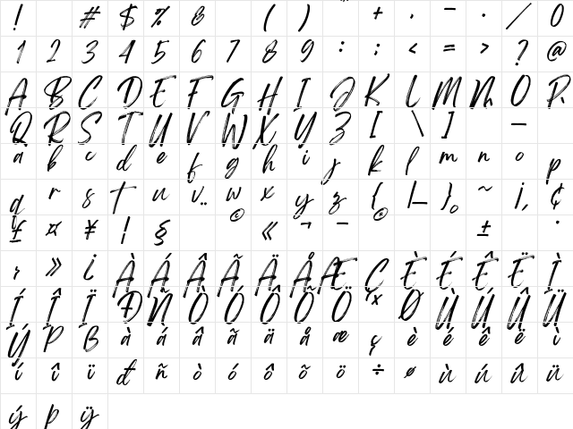 Brightwall Italic  glyph index