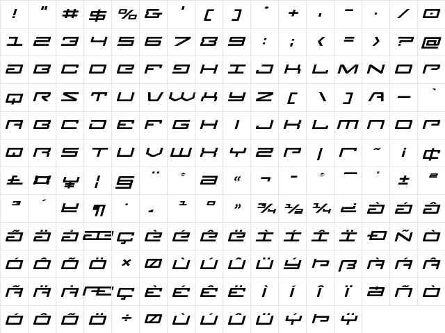Legion Expanded Italic Expanded Italic  glyph index