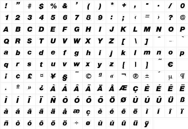 Olnova-HeavyIta Regular  glyph index