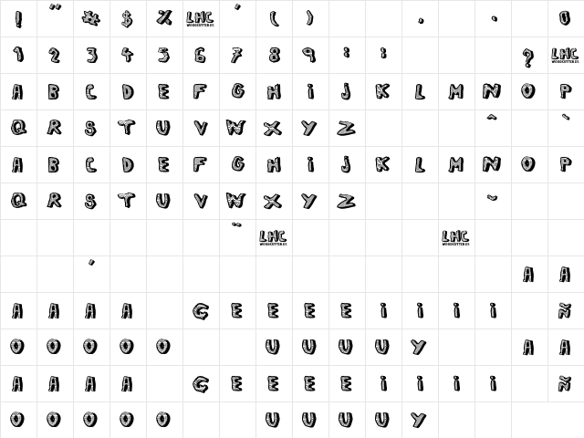 left hand comic Regular  glyph index