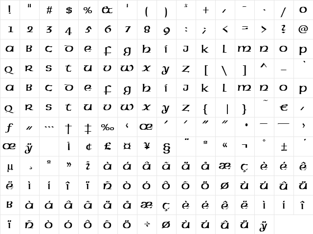 Lateran Regular  glyph index