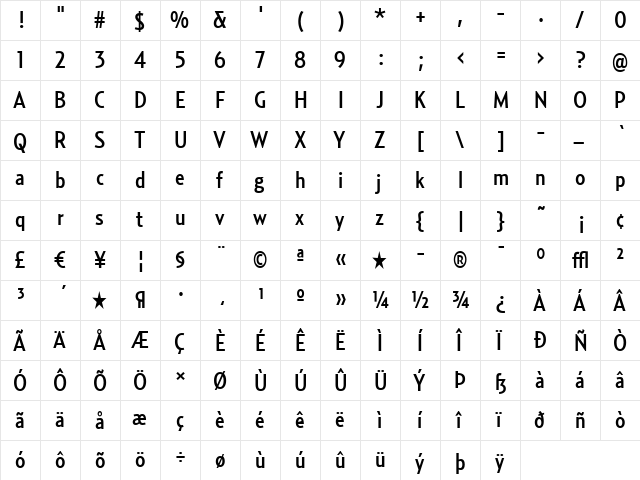RelayCond-Medium Regular  glyph index
