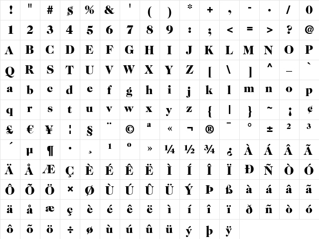 ITC Caslon 224 LT Black  glyph index