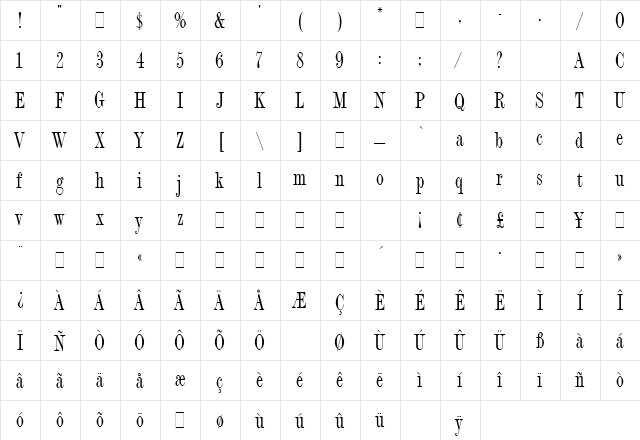 Fashion Compressed LET Plain  glyph index