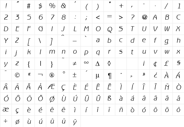 BenjaminSans RegularItalic  glyph index
