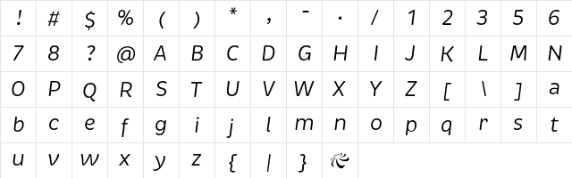 Brevia RegularItalic Regular  glyph index