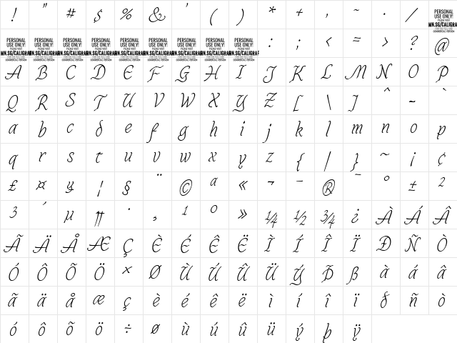 Caligraf Thin PERSONAL USE Regular  glyph index