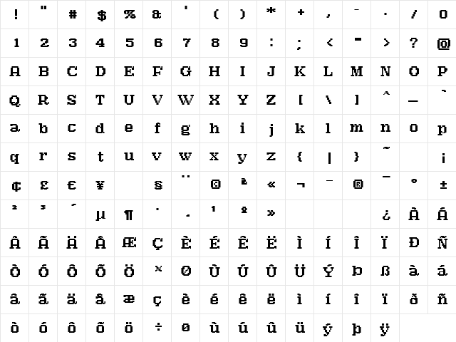 AtlantisTextBold Regular  glyph index