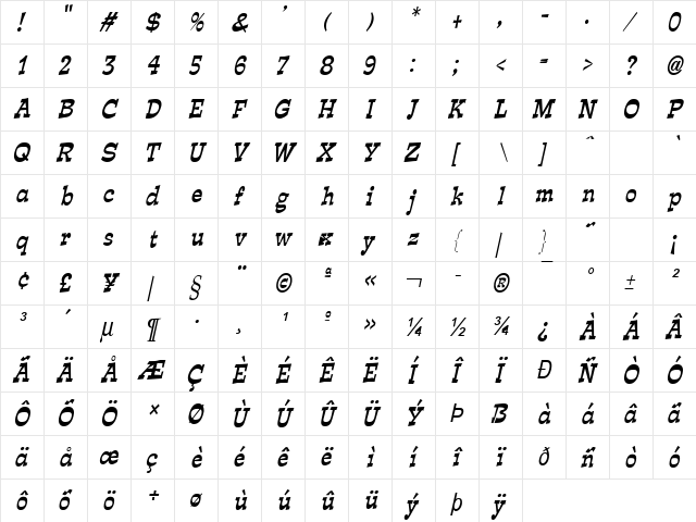 Expose Thin Condensed BoldItalic  glyph index