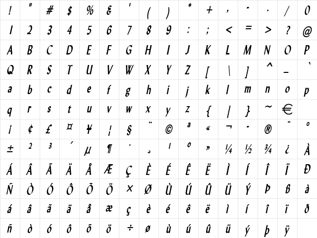 LyndaThin BoldItalic  glyph index