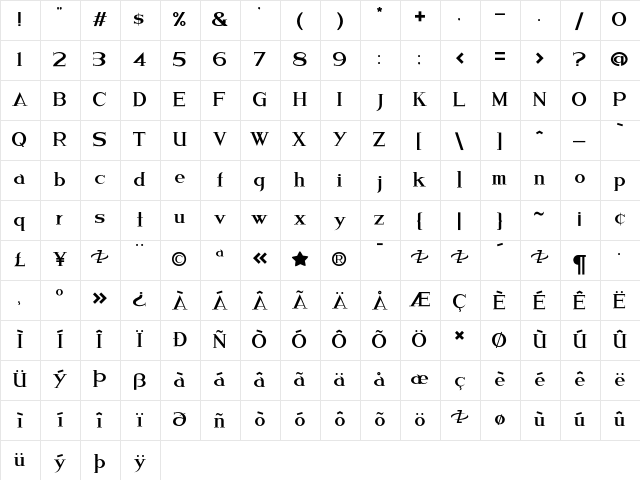 Duesenberg Regular  glyph index