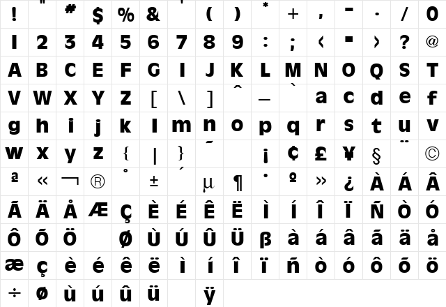 Olive Bold  glyph index