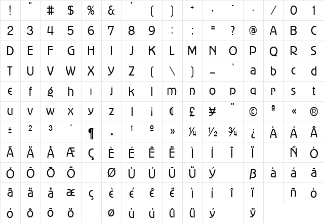MadisonThin Normal  glyph index