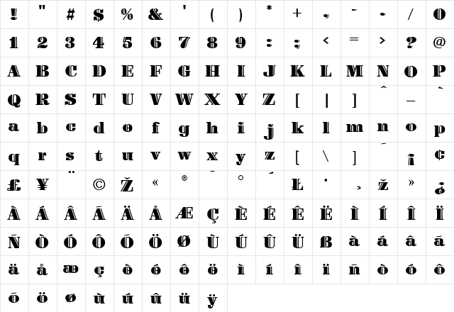 Tulipa Regular  glyph index