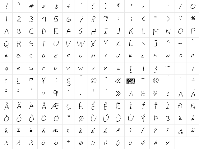 ChasesHand Regular  glyph index