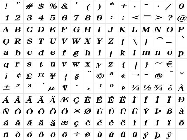 FelineExtended BoldItalic  glyph index