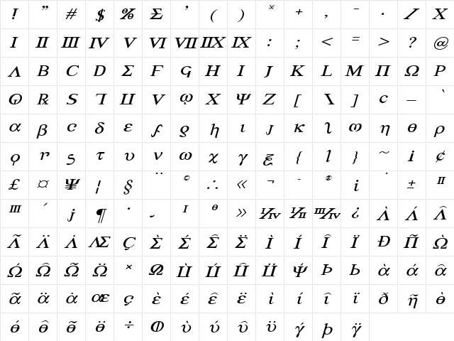 Achilles Expanded Italic Expanded Italic  glyph index