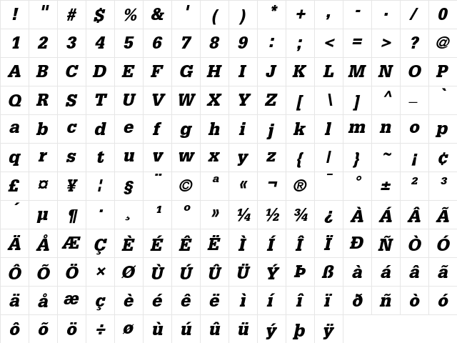 Glypha 75 Black Oblique  glyph index