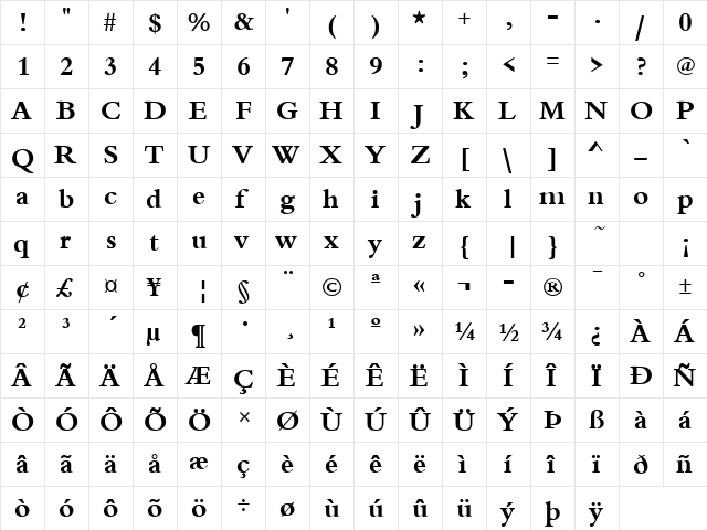 Bergamo Bold  glyph index