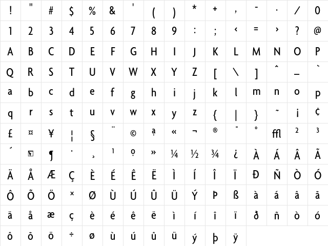 Agenda MediumCondensed  glyph index