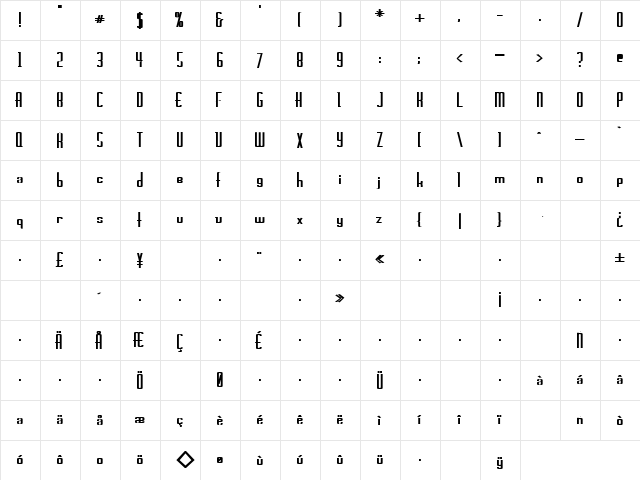 Joe 14 Bold  glyph index