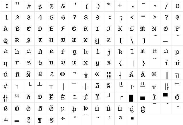 OldeWorld-Bold Wd Regular  glyph index