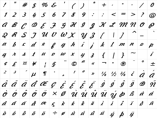 Jott 43 Wide Italic  glyph index