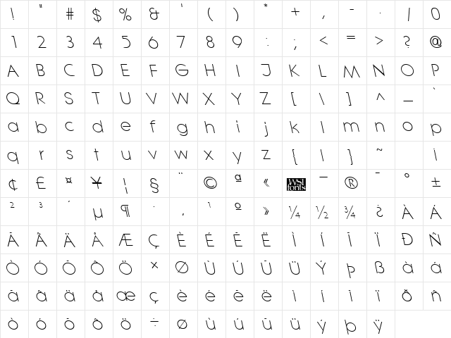 LitheLeftyLight Regular  glyph index