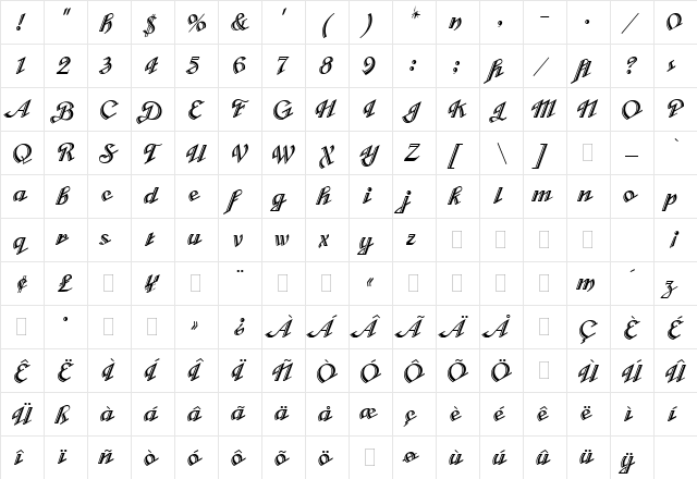 Cabarga Cursiva LET Plain  glyph index