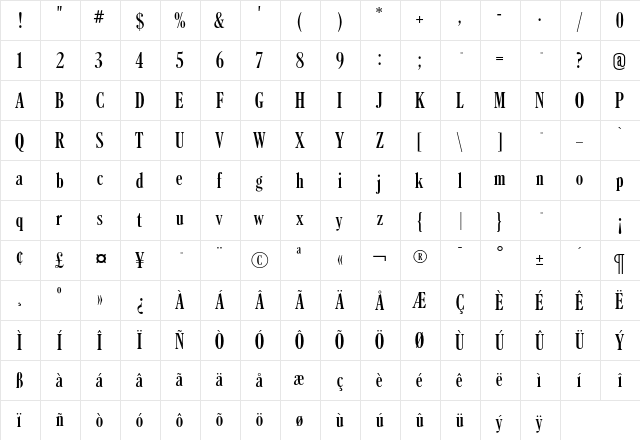 Caslon RR Bold ExtraCond  glyph index