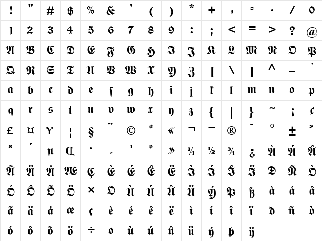 WittenbergerFrakturMT Bold  glyph index