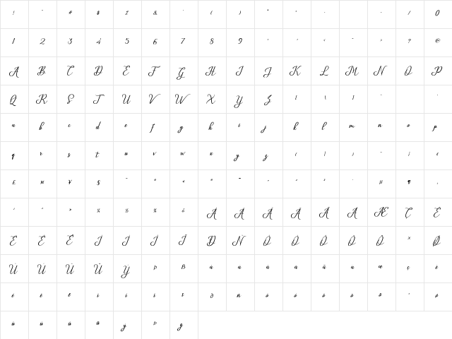 Glossy Regular  glyph index