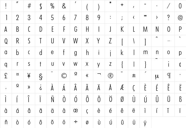 Limerick-LightCond Regular  glyph index