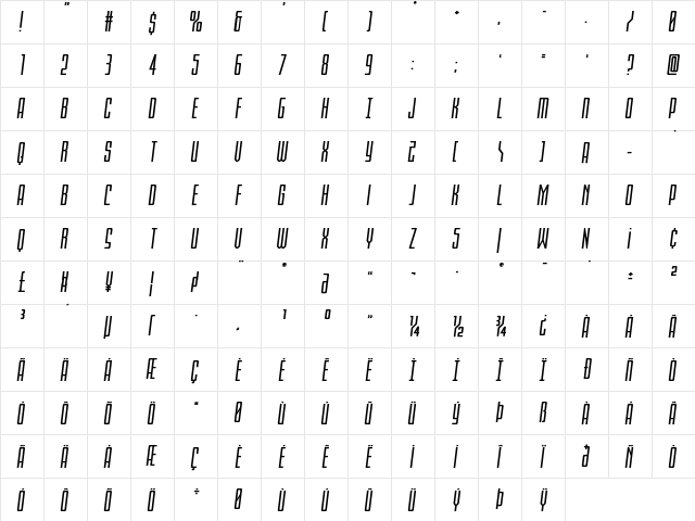 Blue Cobra Expanded Semi-Ital Regular  glyph index