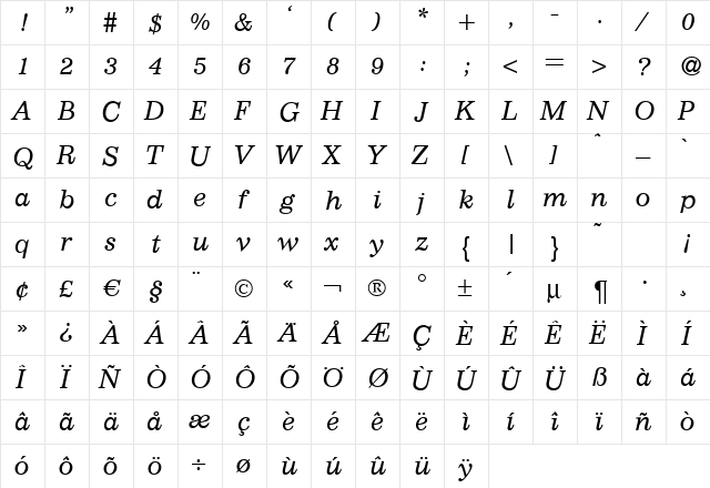 I770-Roman Italic  glyph index