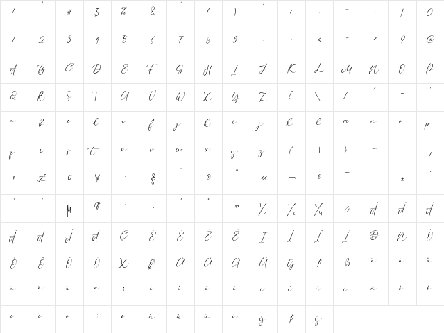 California Signature Regular  glyph index