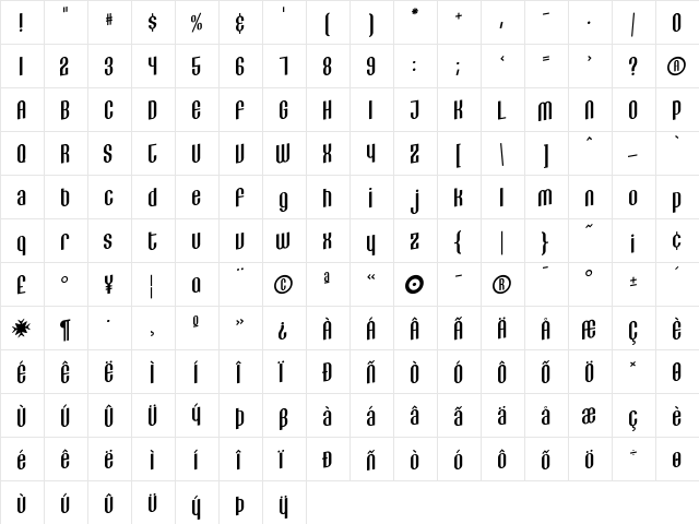 Lithia Regular  glyph index