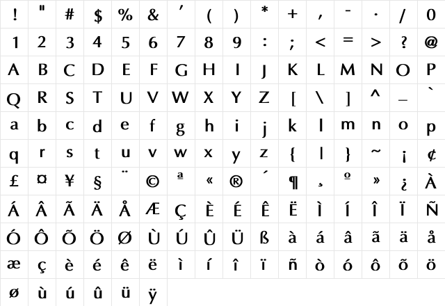 Ottoman Bold Regular  glyph index