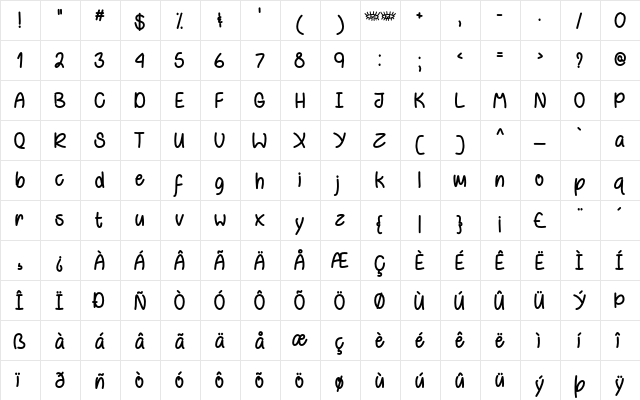 Behind Violet Eyes Regular  glyph index