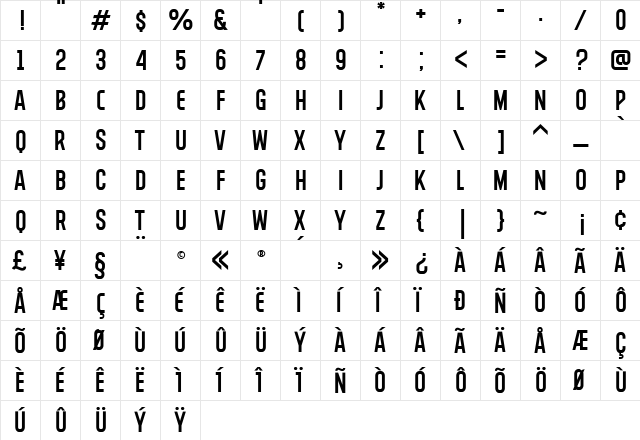BROOKLINE Condensed  glyph index