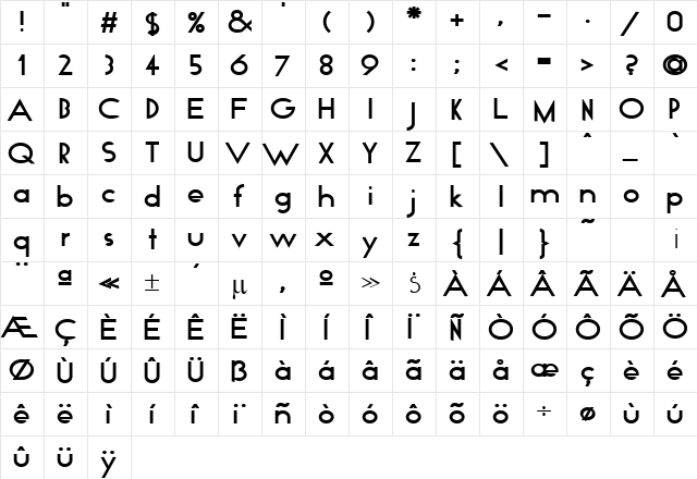 Geo Bold  glyph index