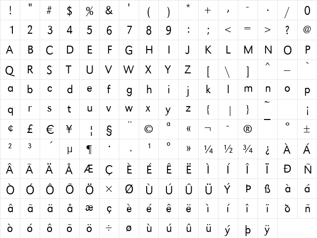 Grotesk-Light Regular  glyph index