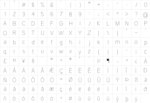 Kirvy Thin  glyph index