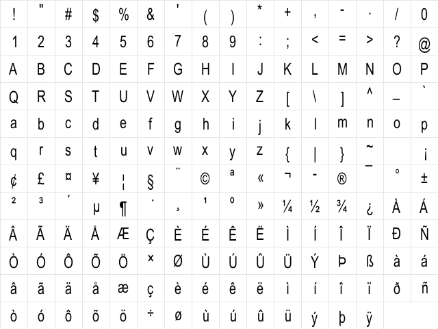 Arial Th Regular  glyph index