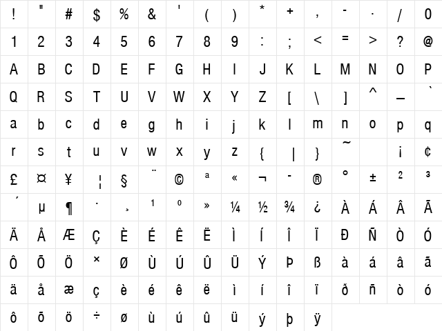 Nimbus Sans Becker PCon Regular  glyph index