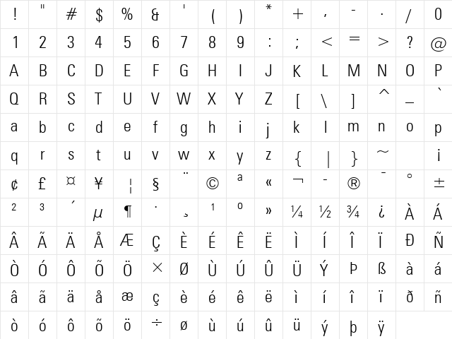 Zurich Light  glyph index