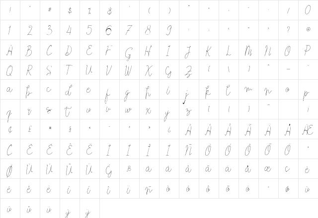 Justhin Regular  glyph index