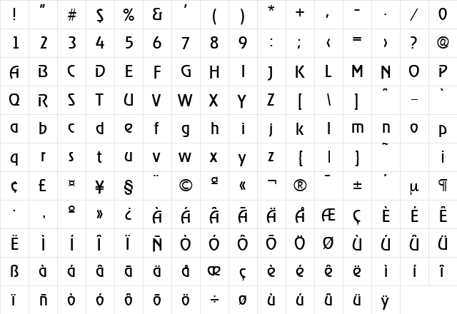 Ragtime-Serial Regular  glyph index