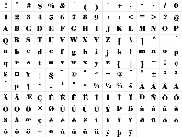 Bodoni BE Bold  glyph index