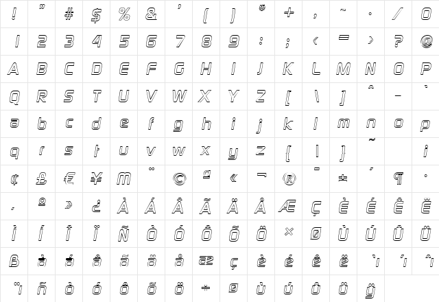 RandyBeckerOutline BoldItalic  glyph index